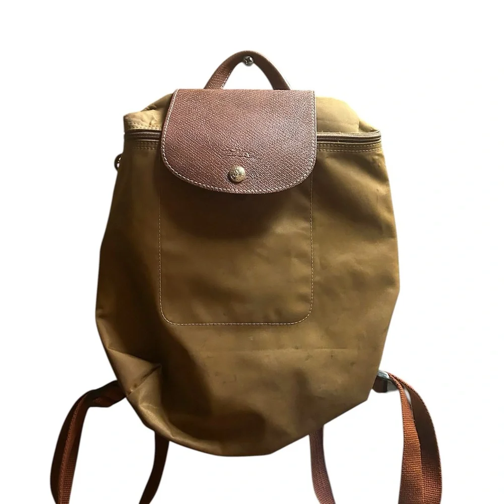 Longchamp Le Pliage Nylon Sac A Dos Backpack - Olive Green Chestnut Zip Snap - Picture 2 of 7